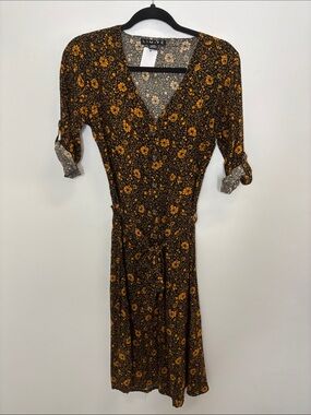 Limitless Black Wrap Dress with Mustard Floral Print
